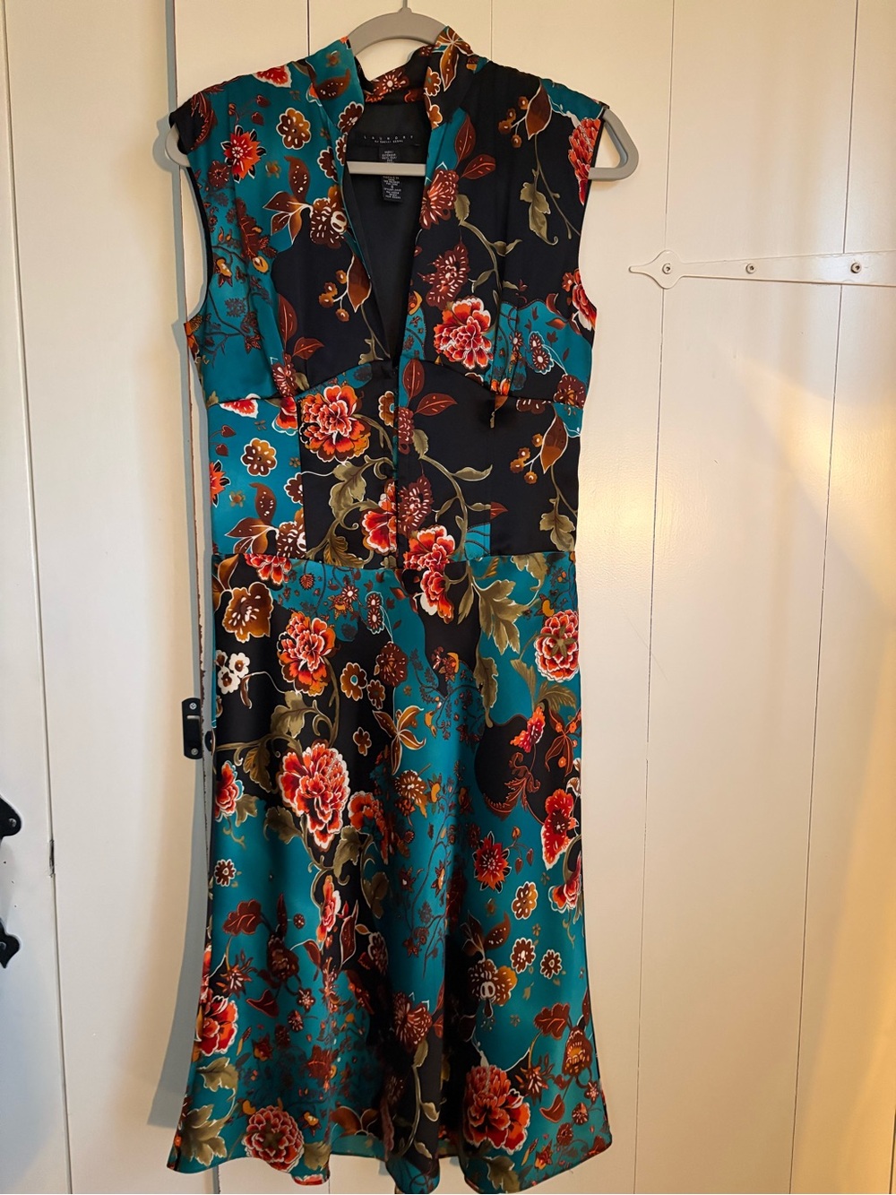 Laundry Asian Inspired Floral Teal & Black Sleeveless Midi Dress